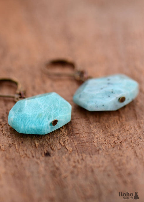 Boho Earrings, Dangle Earrings, Hexagon Blue Amazonite